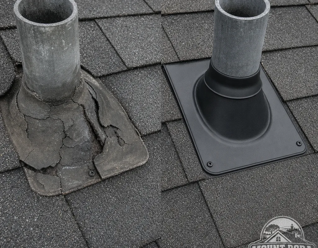 Before and after view of a cracked vent pipe boot replaced and correctly sealed beneath surrounding shingles