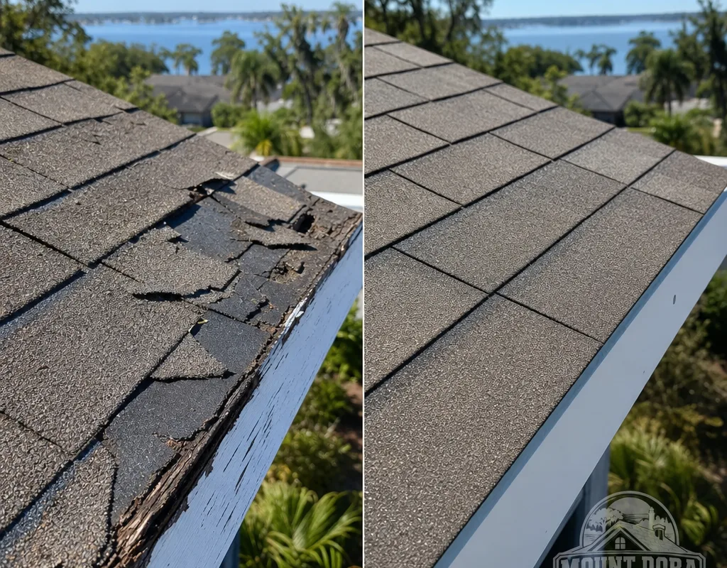 Before and after view of wind-damaged shingles replaced with matching, properly aligned courses