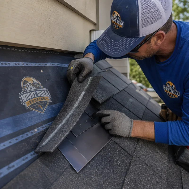 Proper roof flashing detail at a wall line showing underlayment overlap and step flashing placement