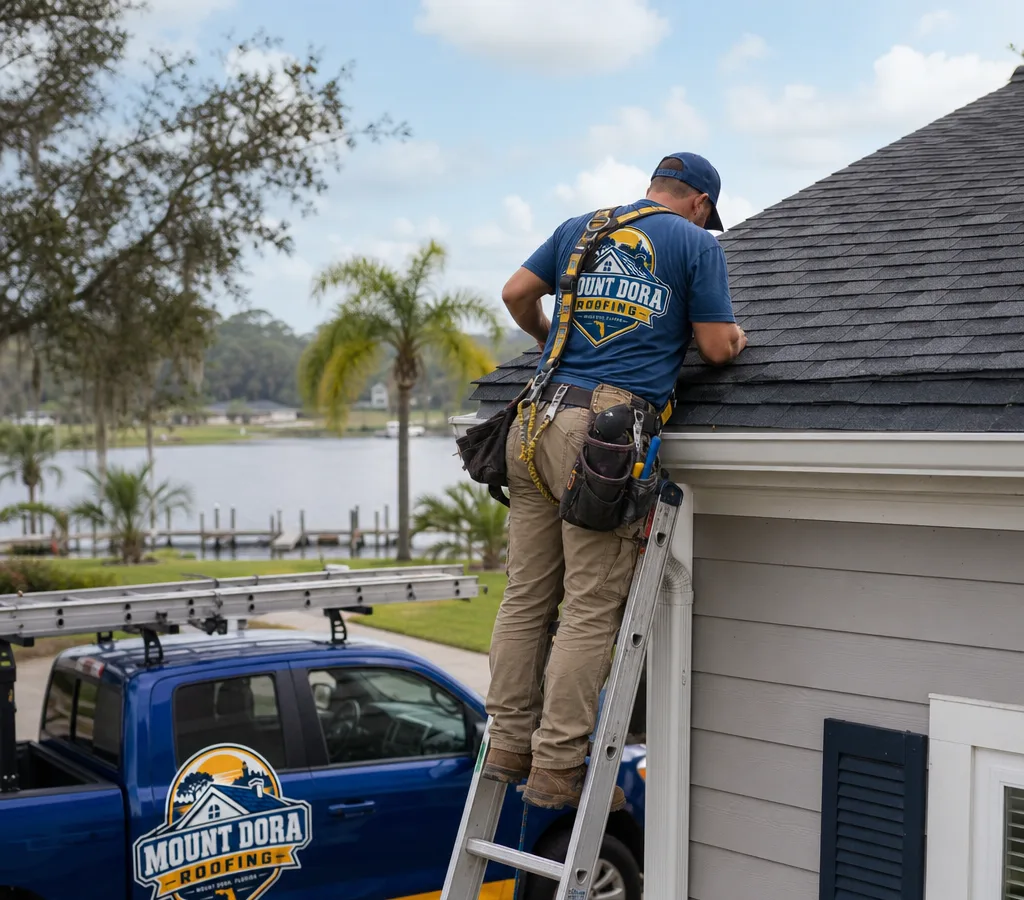 Roofer on a ladder inspecting an asphalt shingle roof in Mount Dora with repair tools and safety gear