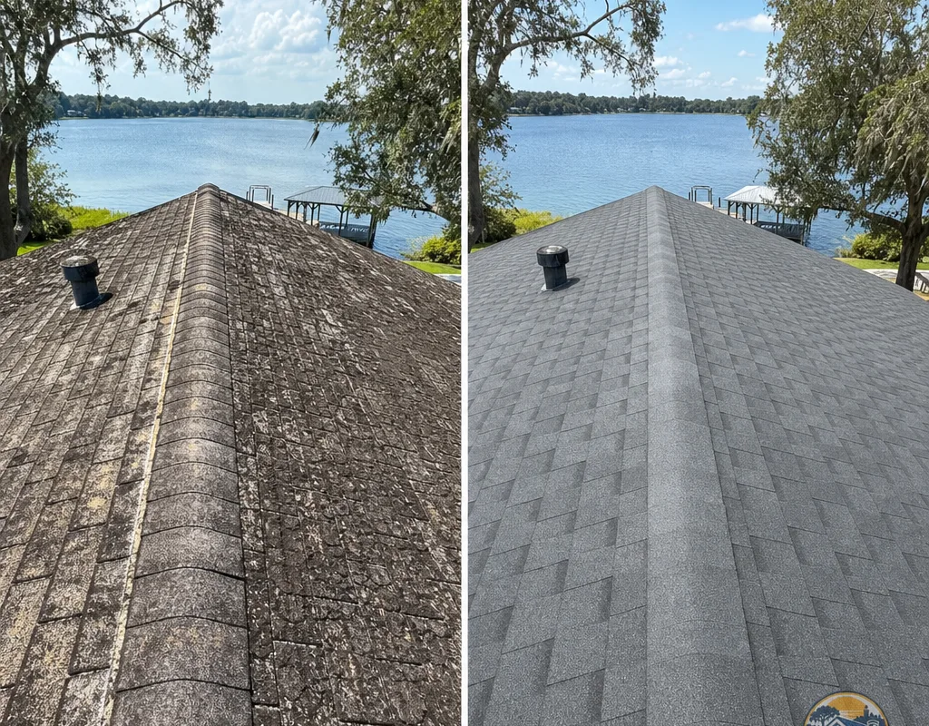 Before and after view of an aging shingle roof replaced with straight courses and clean ridge caps
