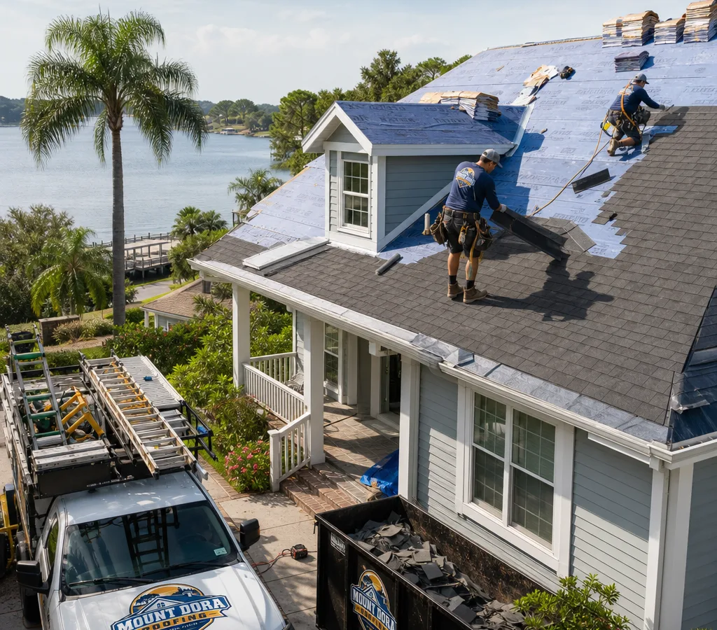 Residential reroof in progress in Mount Dora with architectural shingles, exposed underlayment, and a crew working safely