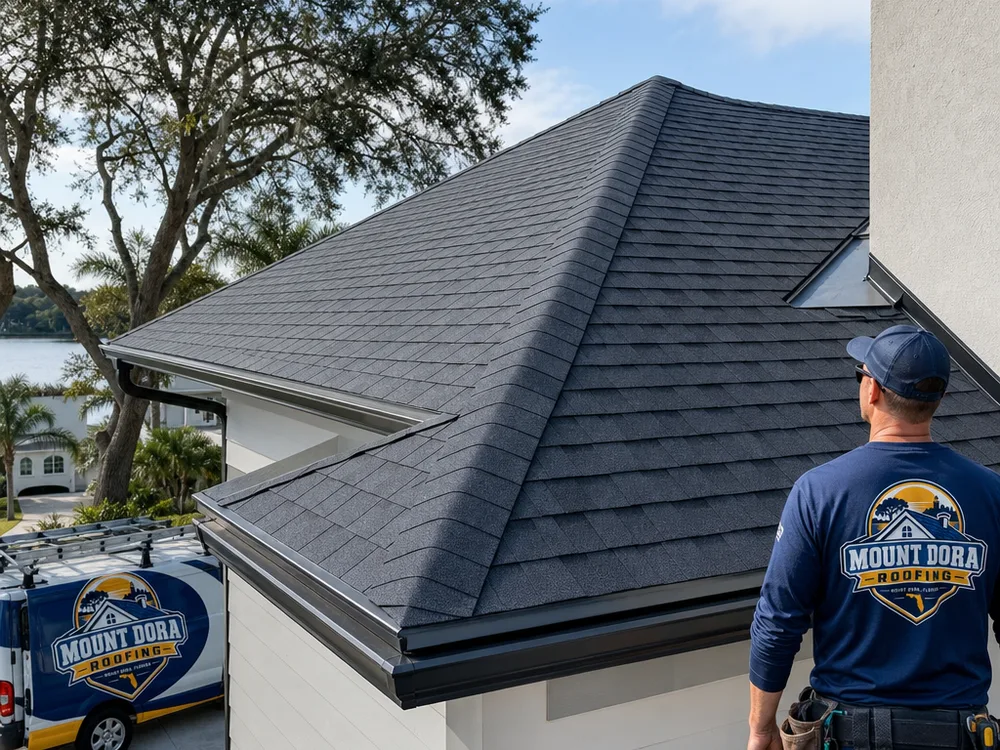 Finished Mount Dora roof with consistent color, crisp ridge lines, and neat sidewall flashing