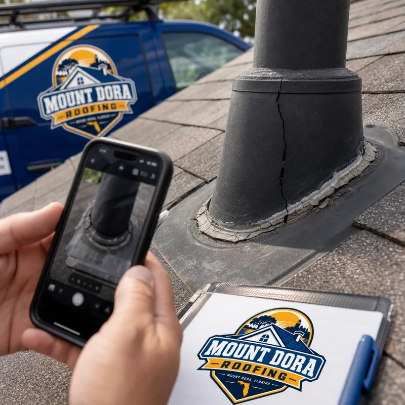 Inspector documenting a cracked pipe boot and separated sealant around a roof penetration