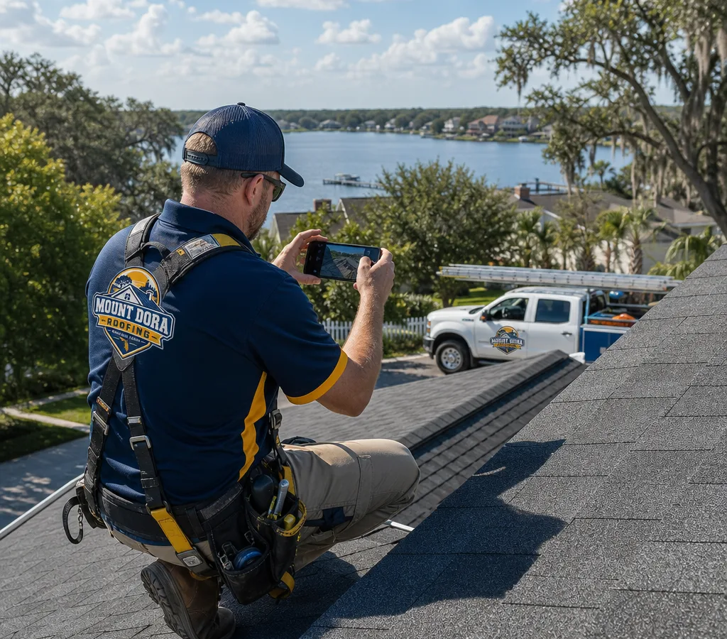 Inspector on a Mount Dora residential roof photographing shingles and flashing while wearing a safety harness