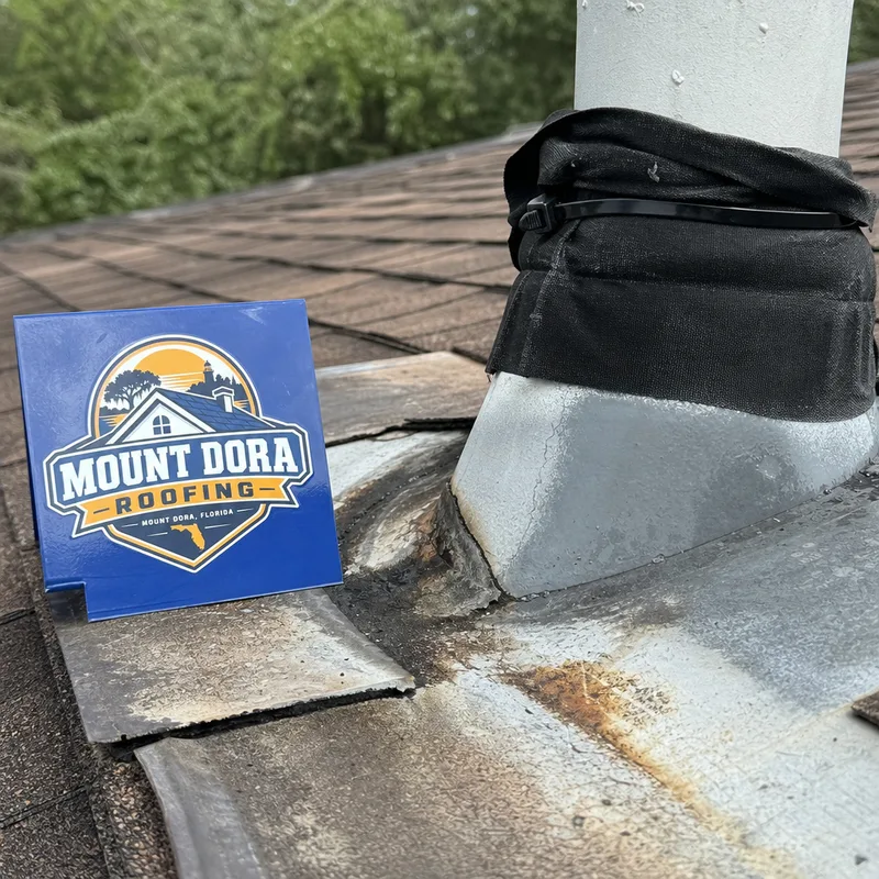 Damaged flashing around a plumbing vent with water staining and a temporary sealed cover over the leak source