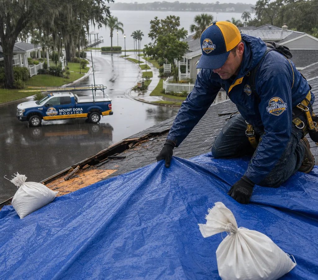Technician installing a secured temporary tarp over storm damage on a residential roof in rainy Mount Dora conditions
