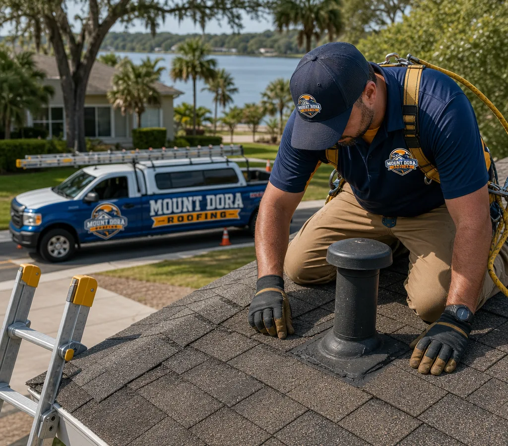 Mount Dora roofing crew member inspecting a residential roof near a vent stack with safety gear