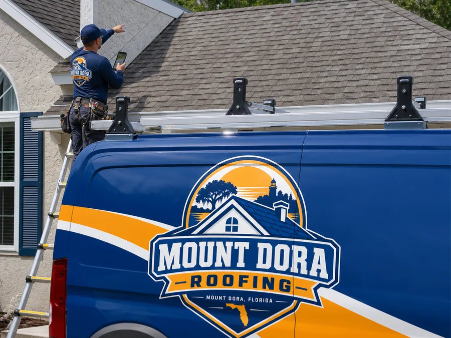 Roofing technician documenting flashing conditions at a roof-to-wall transition