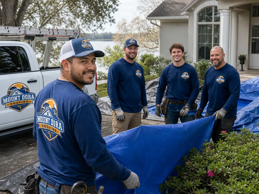 Mount Dora roofing team preparing materials and protecting landscaping at a residential job site